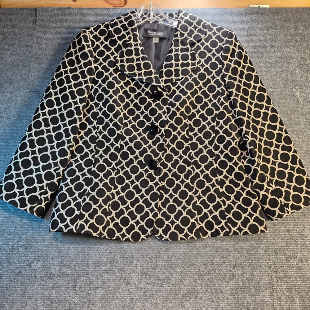 Evan-Picone Black Label Blazer Women 8 Black Geometric Excellent 3-Button Jacket
